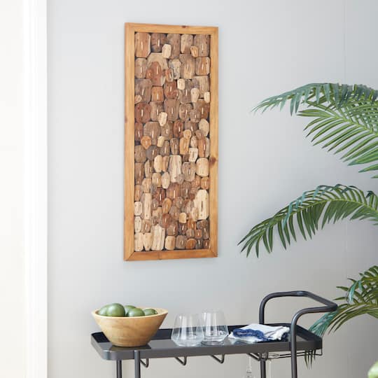 Rectangular Brown Wood Totem Face Wall Art, 32" x 14" x 2"
